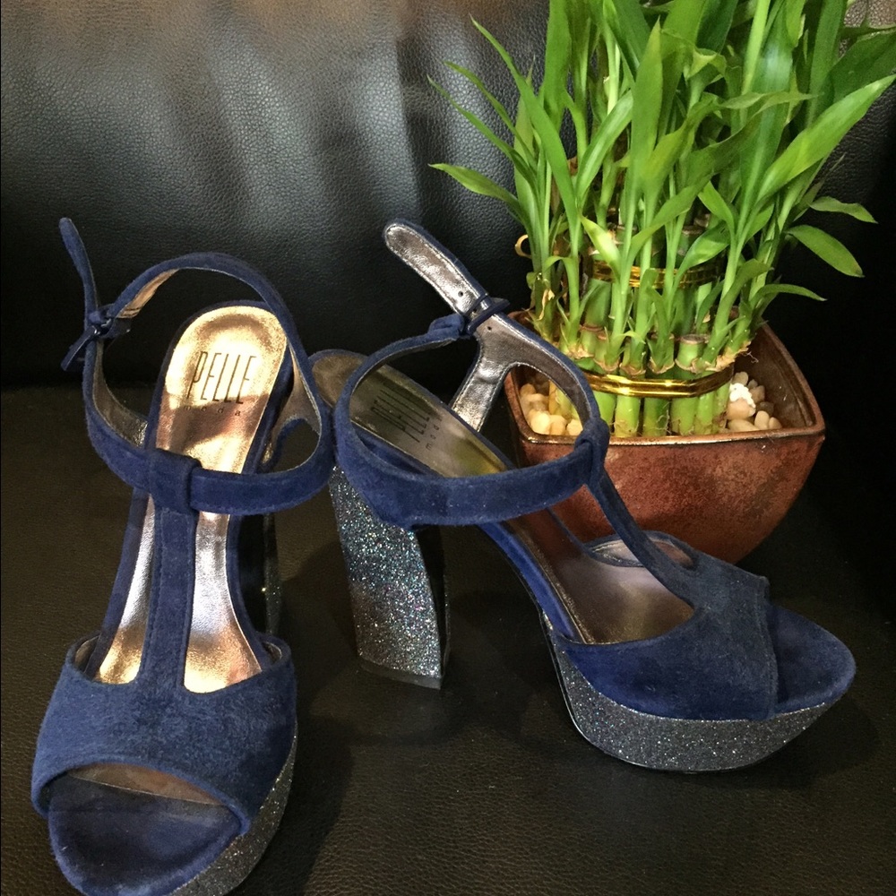 Pelle Moda Navy Suede Glitter Sandals Block heel